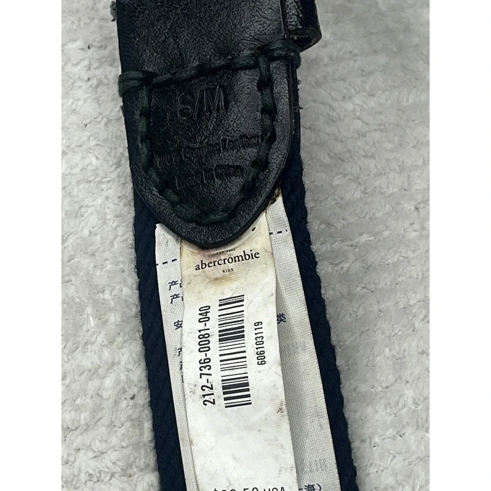 Abercrombie Kids Boys Black Leather Navy Woven Rope Trim Belt S/M 2K2106